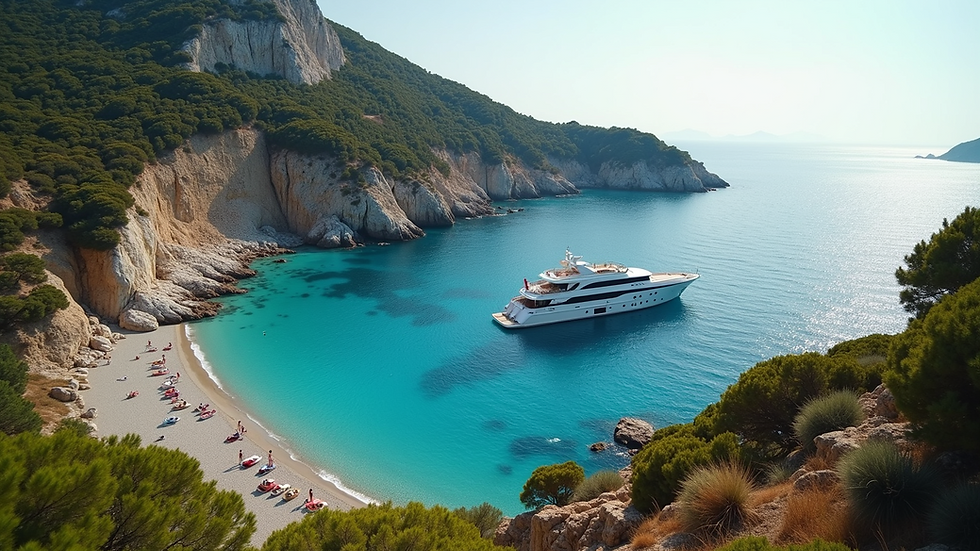 High angle view of a secluded Mediterranean bay with a luxury yacht anchored