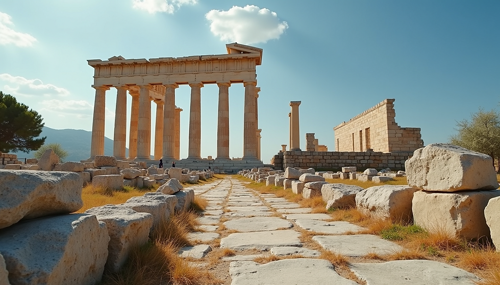 Ancient Greek temple ruins under a clear sky. Stone pathway and scattered rocks in foreground, with distant mountains visible.