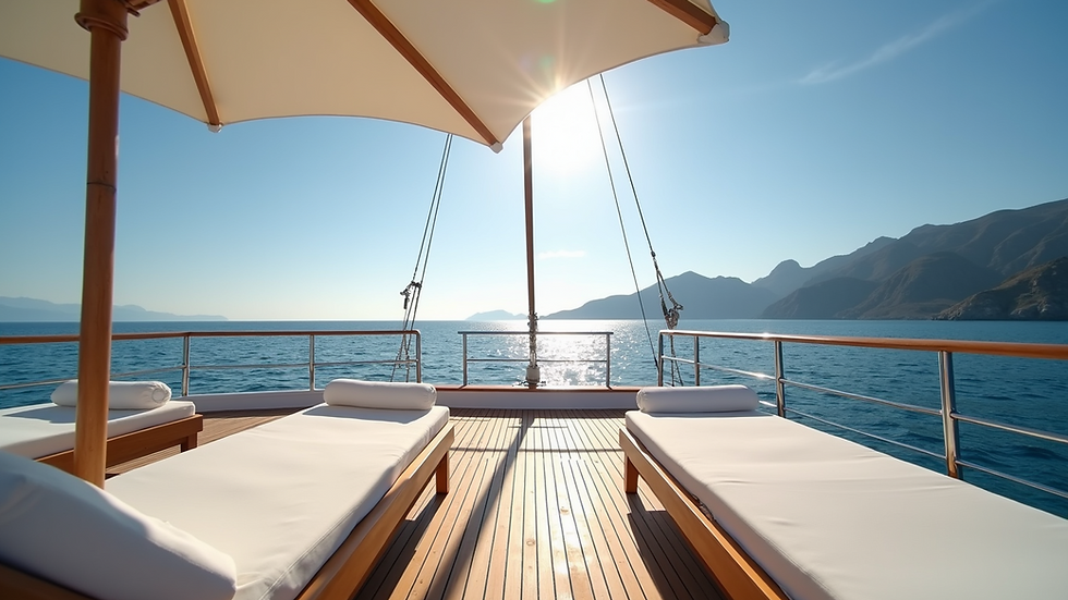 Eye-level view of a luxury gulet’s spacious sun deck with sunbeds and sea in the background