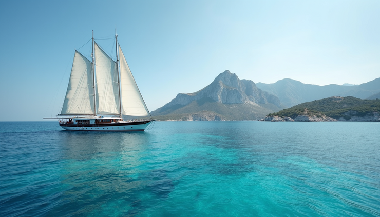 Eye-level view of a luxury gulet sailing near the Costa Smeralda coastline