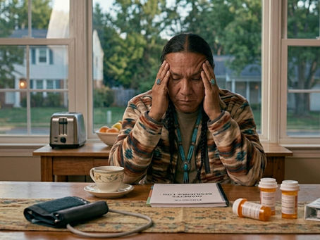 Man in a patterned shirt sits at a kitchen table, head in hands, next to a tea cup, papers, and medication bottles. Light through windows.