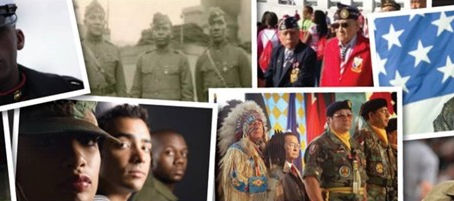 Collage of diverse military personnel, some in uniforms and others in traditional attire. Includes an American flag and smiling figures.