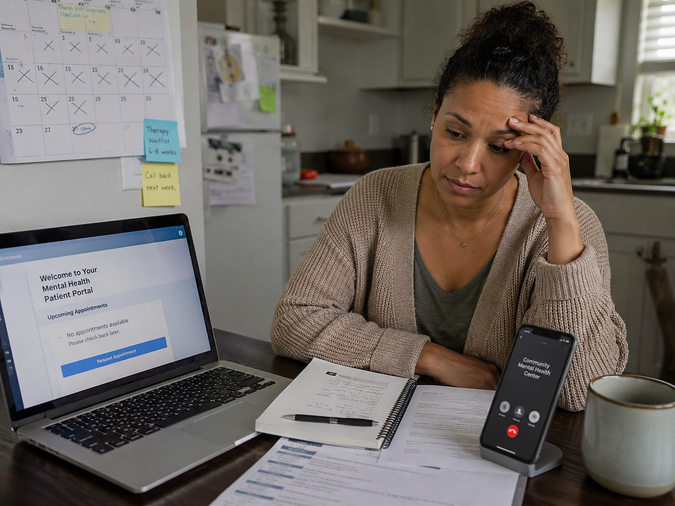 A woman sitting at a desk in her house struggling with mental health. A laptop is open in front of her, along with her phone.