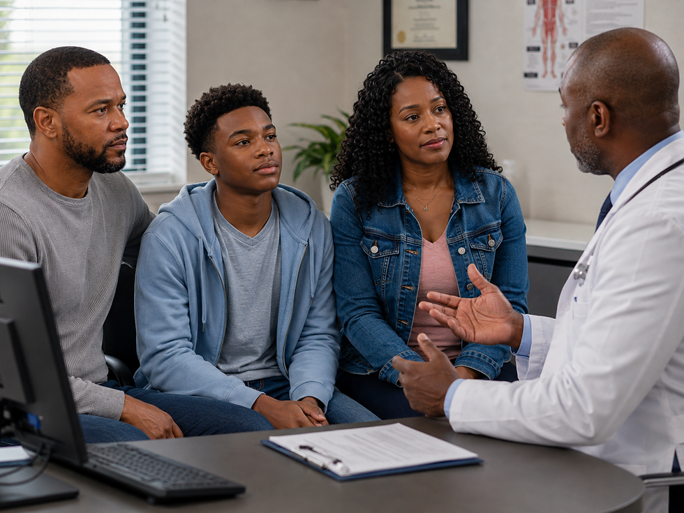 Doctor talks with a family of three in a clinic office, all listening attentively; desk, clipboard, and medical posters in background.