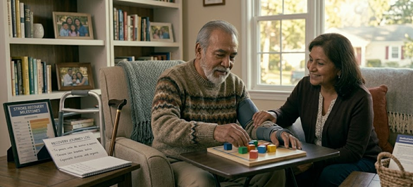 Elderly man in sweater and woman playing a board game in a cozy living room. Stroke recovery chart visible. Warm, supportive atmosphere.
