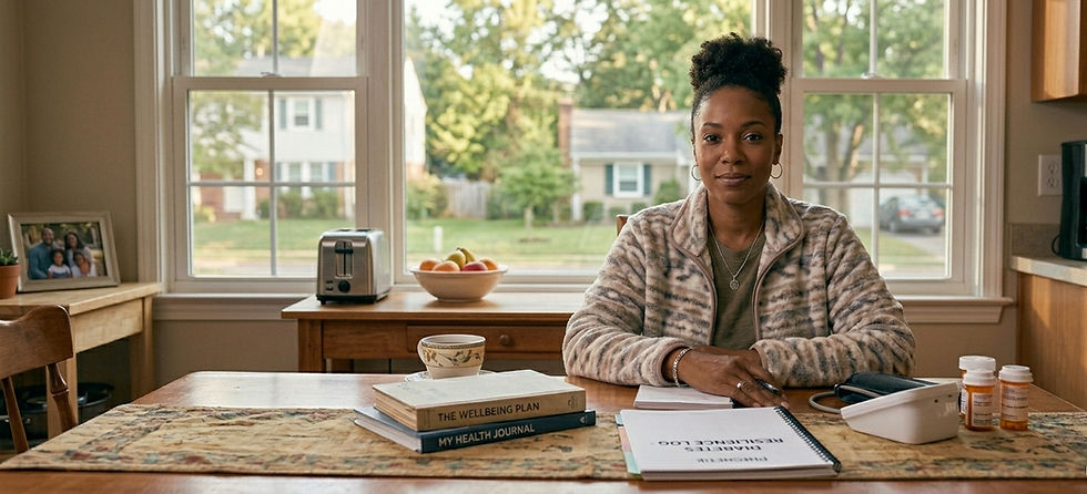 A woman sits at a kitchen table with books and a cup. A window reveals a suburban view. Prescription bottles and a note pad are visible.