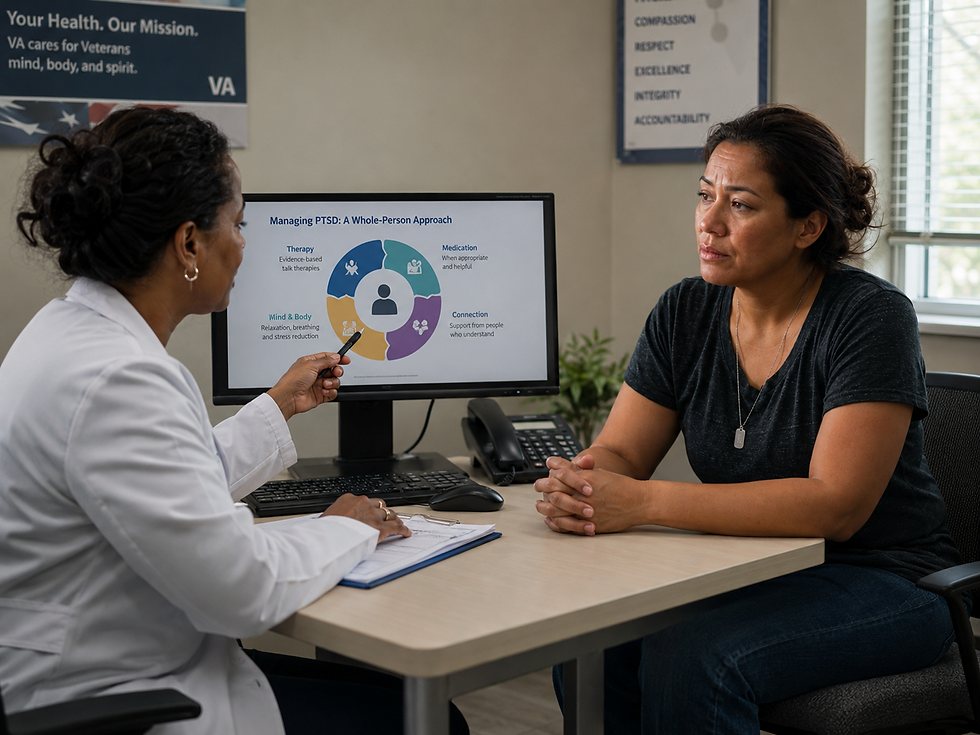Doctor explains PTSD care chart to a concerned woman in a VA office, with a computer screen and health mission posters.