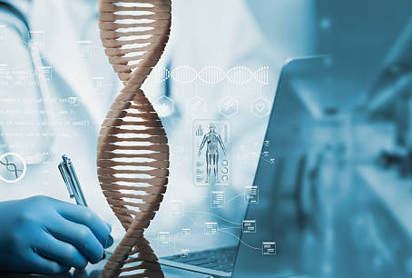 Gloved hand writing near a laptop, with a DNA helix and medical icons overlay. Blue and white tones. Scientific and futuristic mood.