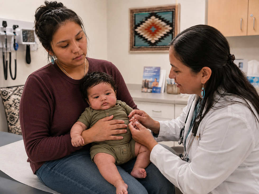 Doctor checks baby’s hand in clinic while mother holds the infant; calm exam room with medical tools and wall art.