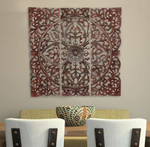Thumbnail: Three Piece Wooden Wall Panel Set with Traditional Scrollwork and Floral Details