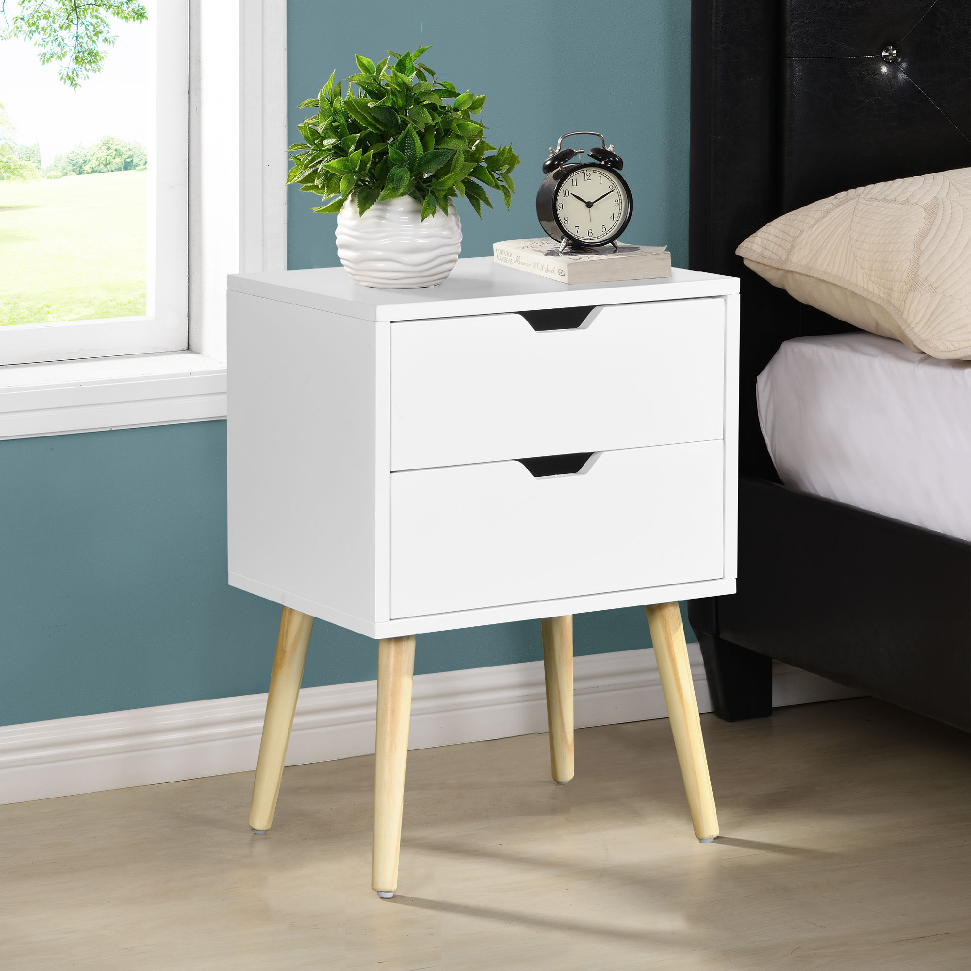 Side Table with 2 Drawer and Rubber Wood Legs, Mid-Century Modern Storage Cabine