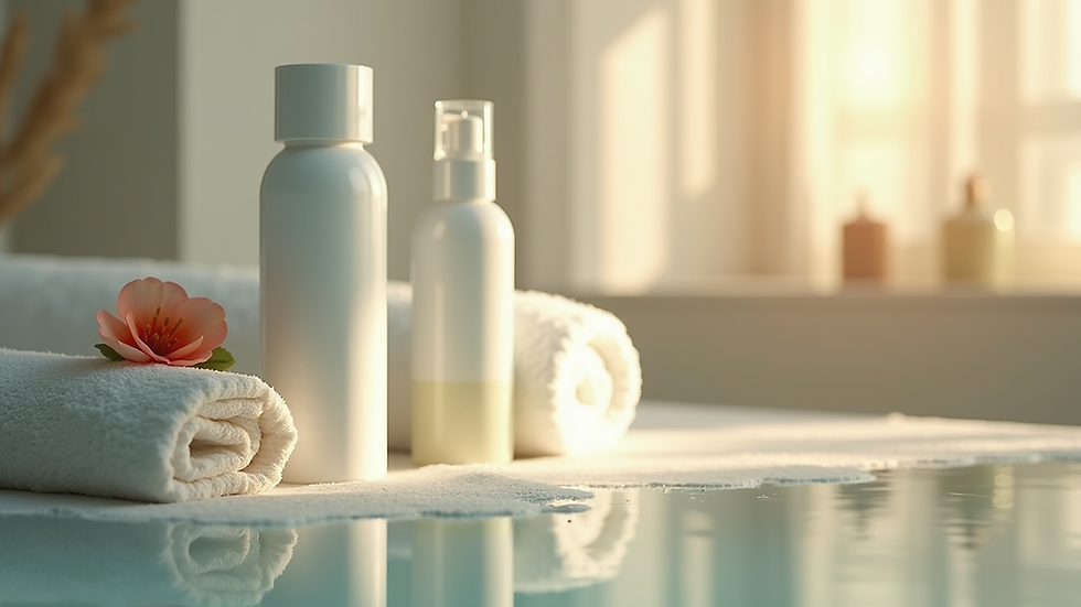 Close-up view of a serene spa room with soft lighting and skincare products