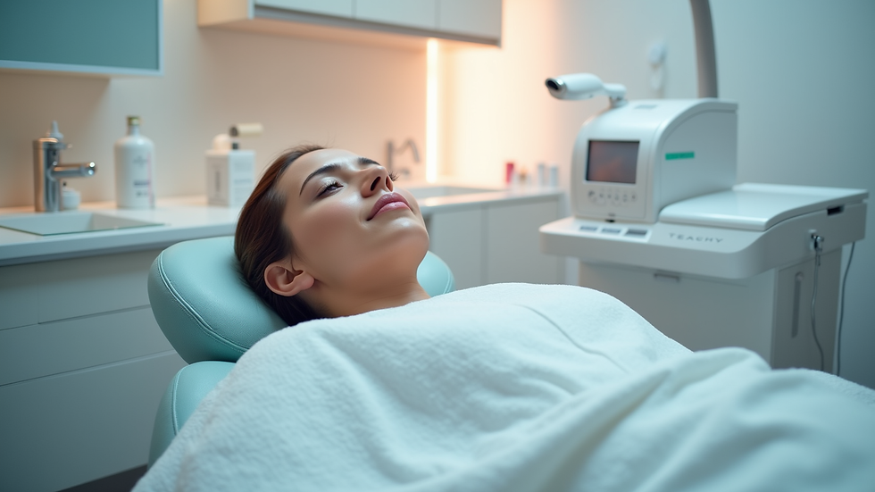 Eye-level view of a modern skincare clinic treatment room with advanced equipment