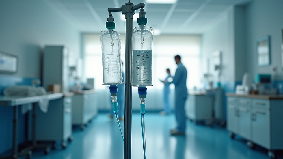 Eye-level view of IV therapy setup in a clinical room