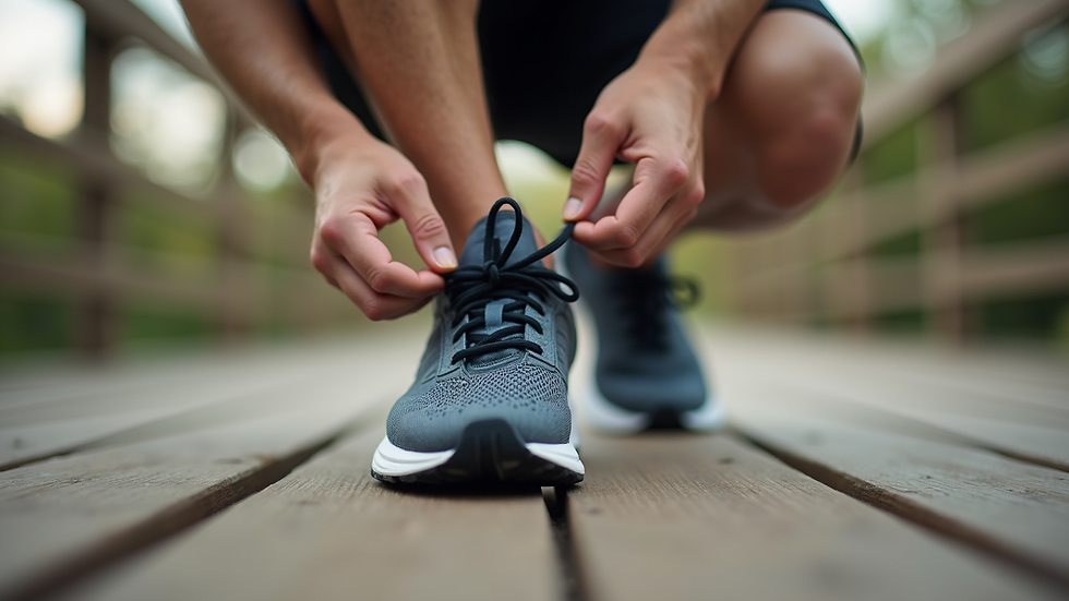 Close-up view of a person tying running shoes on a wooden deck
