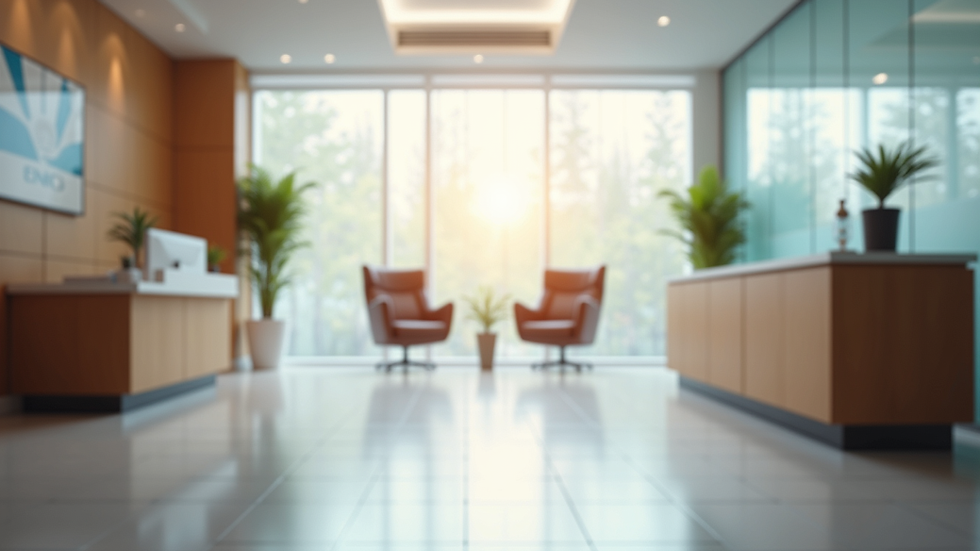 Eye-level view of a modern clinic reception area with comfortable seating