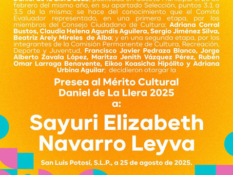 Sayuri Elizabeth Navarro Leyva, ganadora de la Presea al Mérito Cultural “Daniel García Álvarez de la Llera”