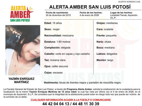 Activan Alerta Amber para localizar a Yazmín Enríquez