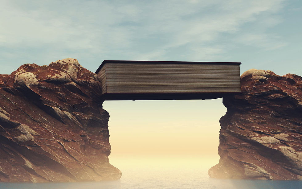 Book nestled between mountain peaks, symbolizing overcoming challenges.