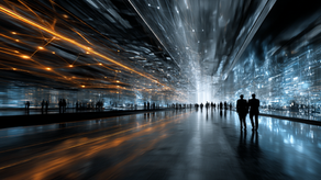 Silhouettes of people walking in a modern lit space
