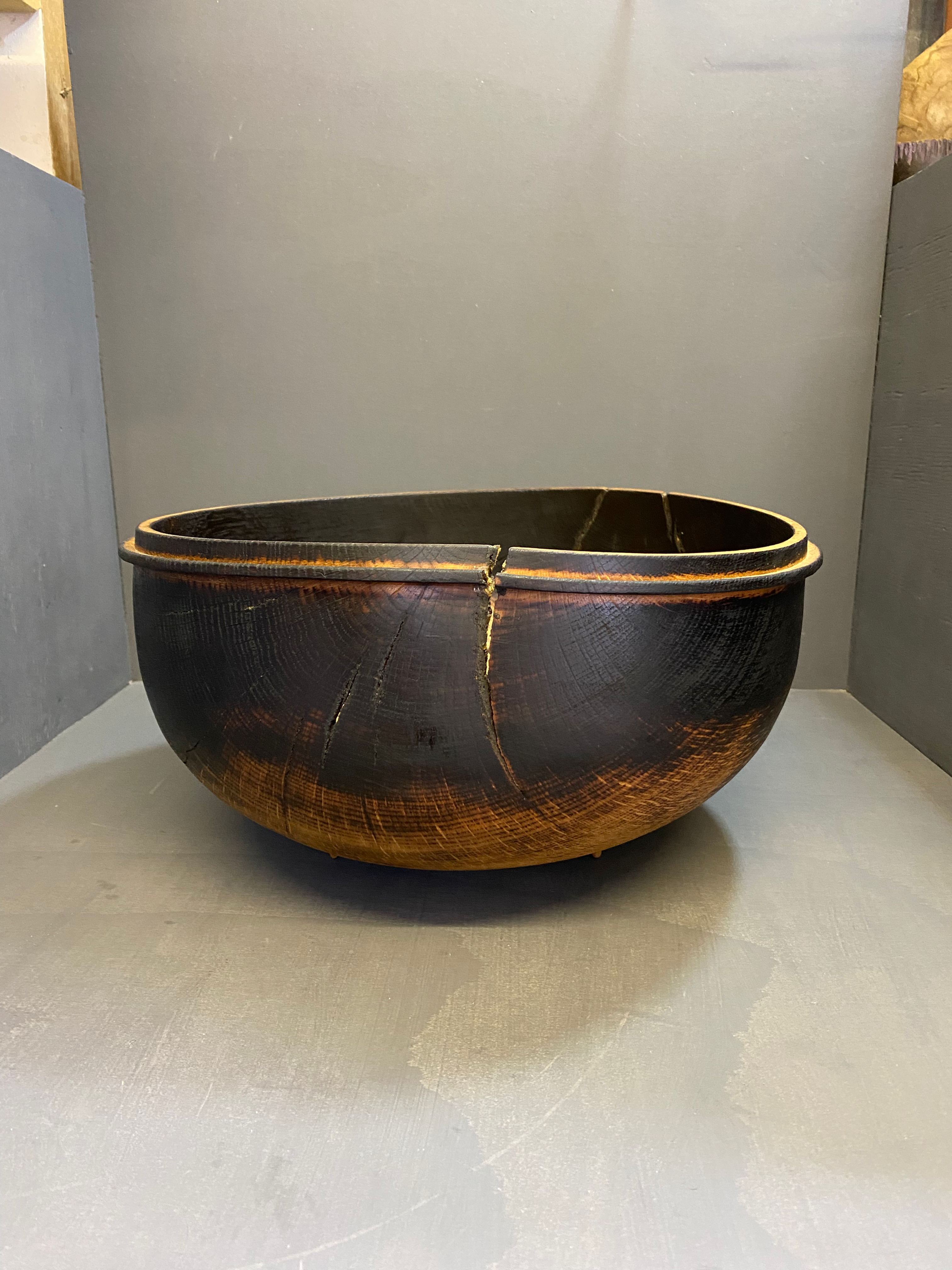 Large 3 footed charred caldron 