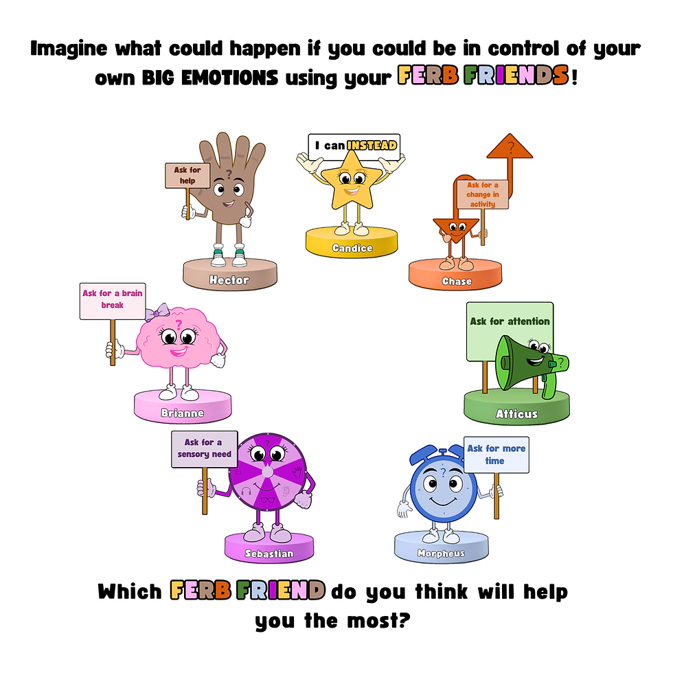 Square illustration showing multiple colorful FERB FRIENDS cartoon characters with text about big emotions