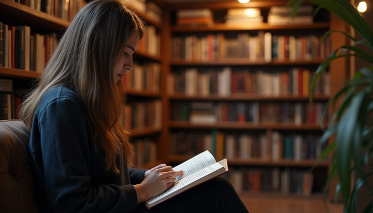 Eye-level view of a person reading a book in a cozy library corner