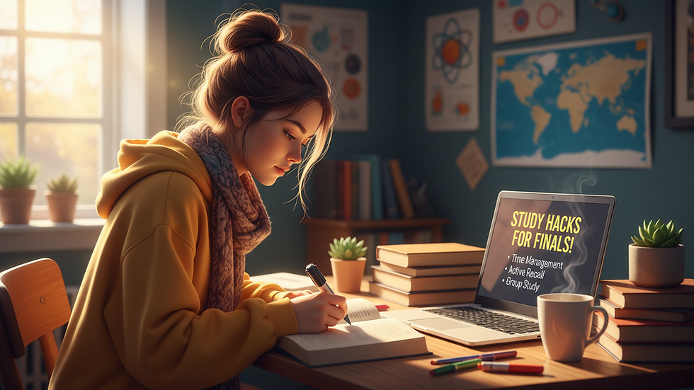 Eye-level view of a student studying with books and a laptop on a desk