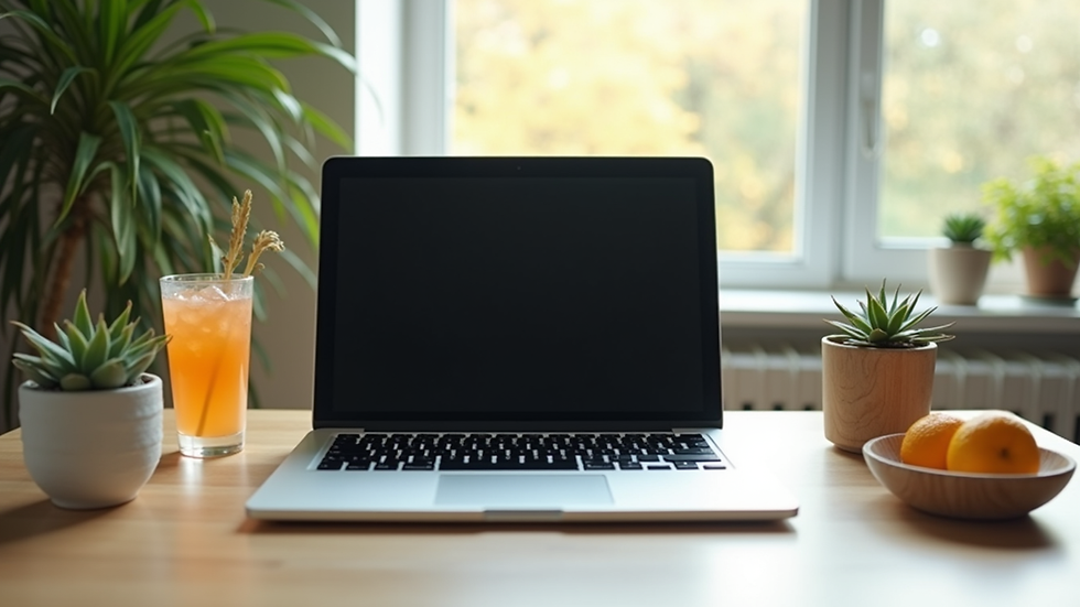 Eye-level view of a laptop on a desk with summer-themed decorations