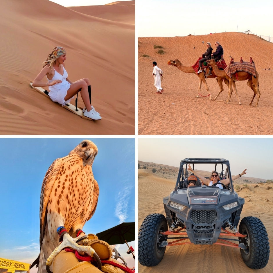 sandboarding, jazda na wielbłądzie, sokół, buggy