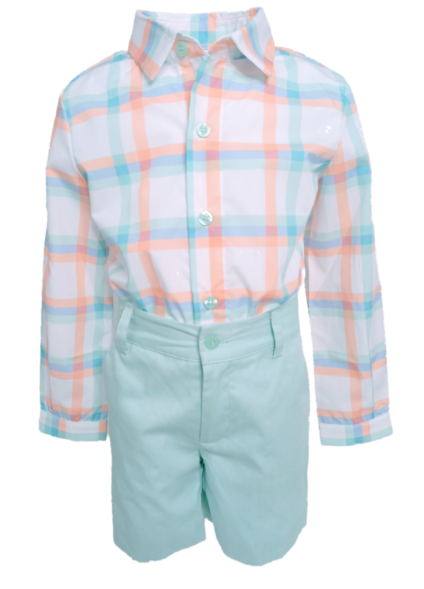 Boys - Pale Green Shorts And Gingham Shirt Set