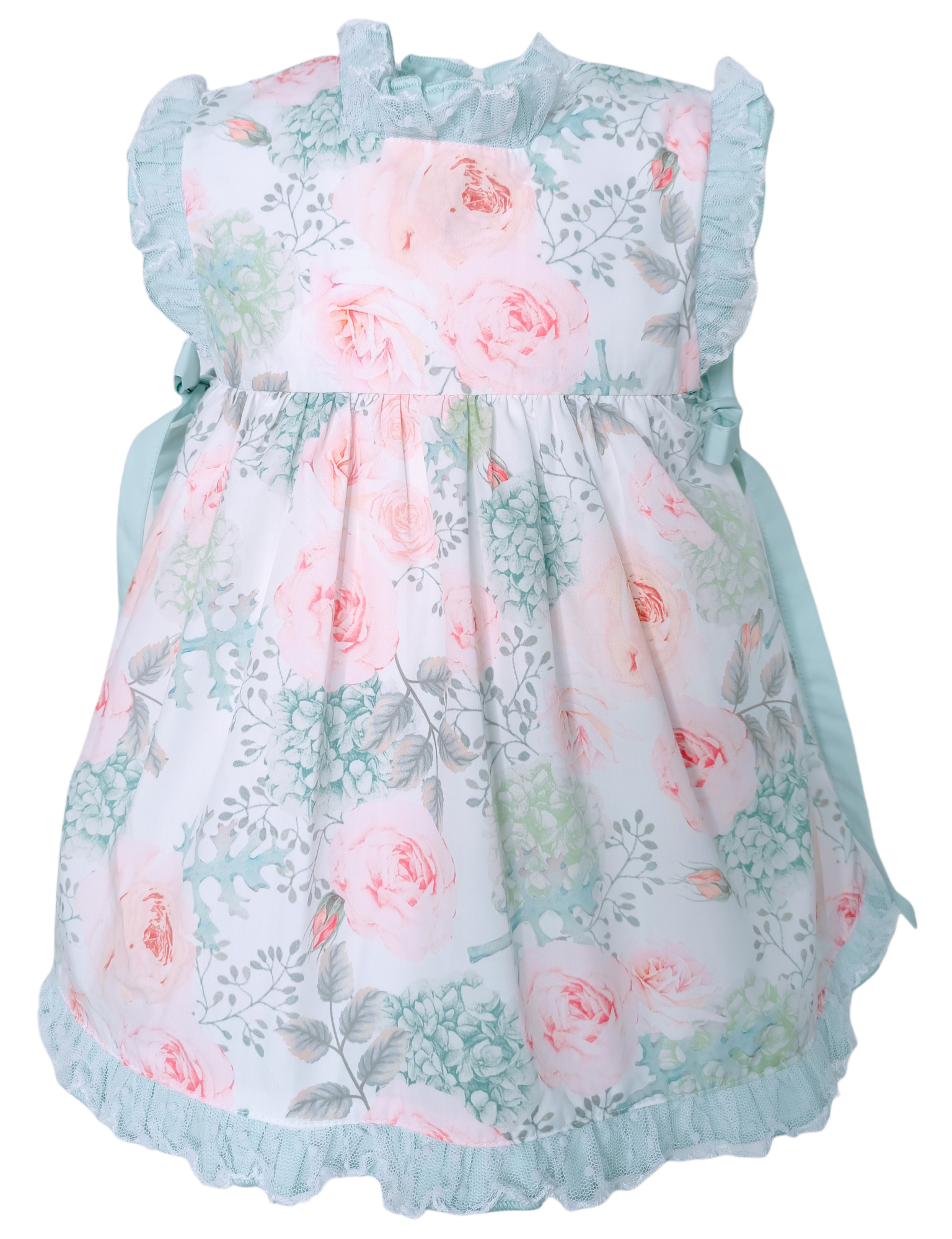 SAGE GREEN/PINK ROSES DRESS, BLOOMERS & BONNET