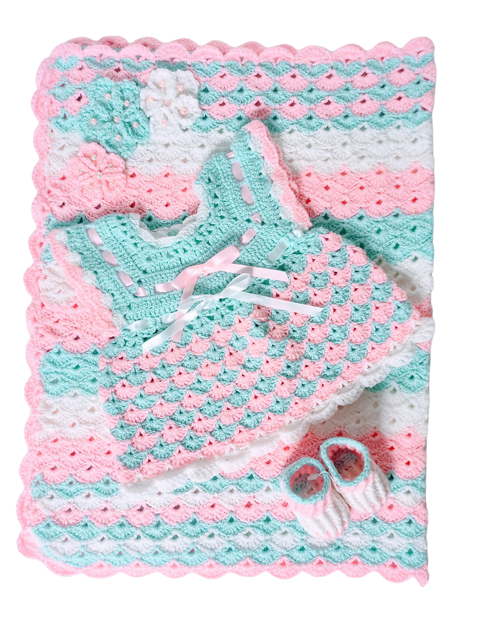 Thumbnail: Baby Girl Three Pieces Set Of Knitted Blanket, Dress, & Socks