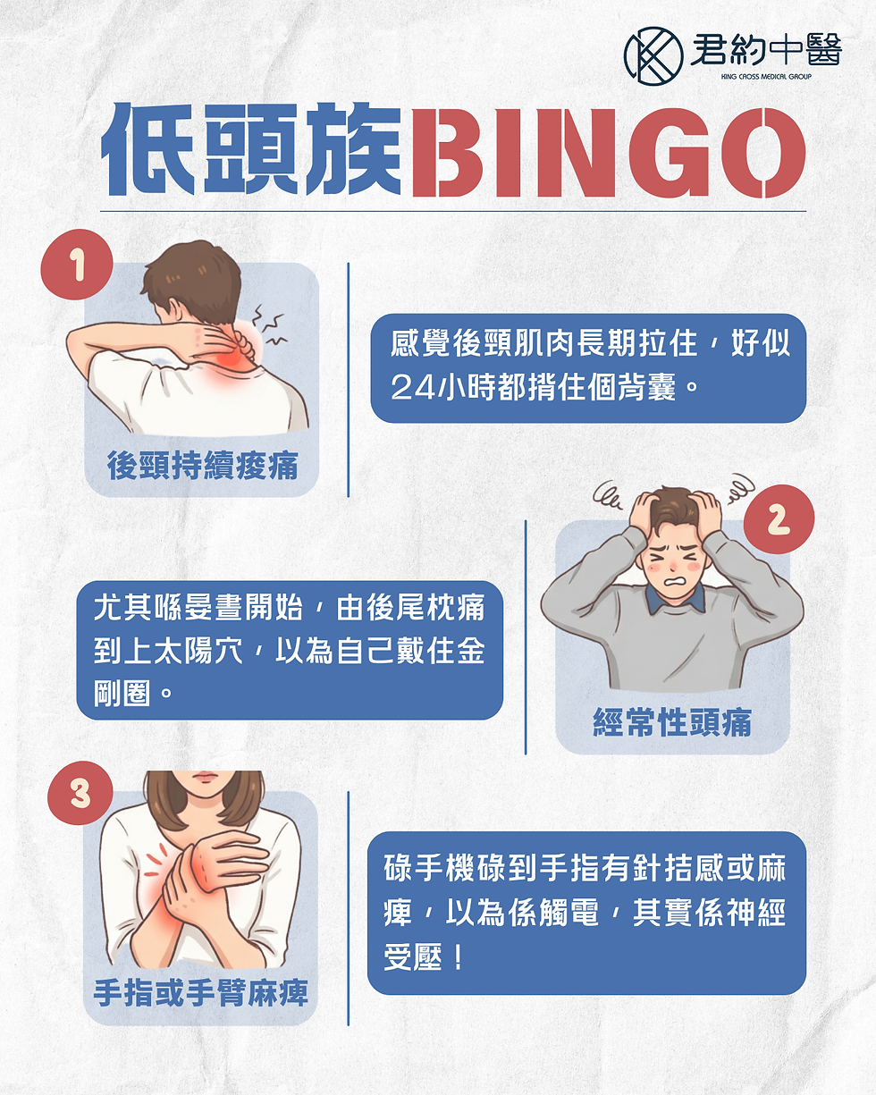 後頸持續痠痛
經常性頭痛
手指或手臂麻痺