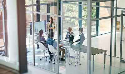Business woman, presentation and conference room window with collaboration and digital cha