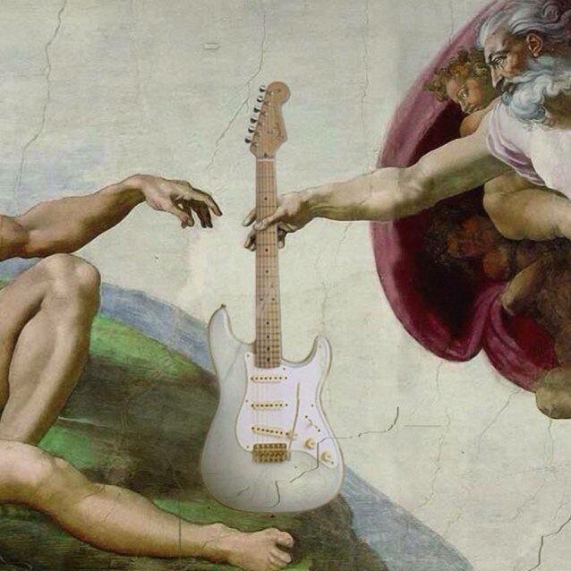 GOD gives us everything. We only need to reach for it. A painting of two reaching hands, one holding a white electric guitar.