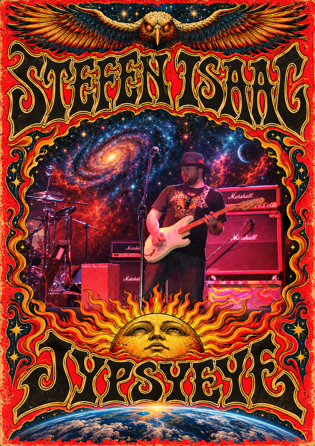 Concert poster: Stefen Isaac, JYPSYEYE, a guitarist in front of amplifiers beneath a sun and a spiral galaxy, a winged eagle above