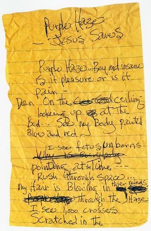 Purple-Haze-Jesus-Saves - Jimi Hendrix. A handwritten lyric sheet on yellow paper.