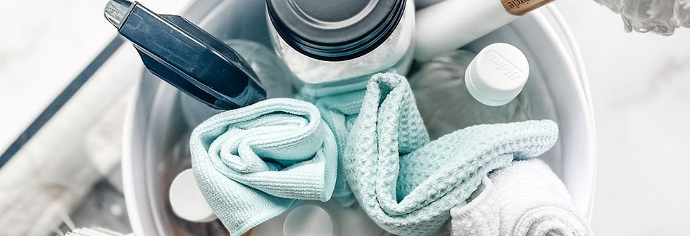 Our Services page and cleaning supplies used - bucket, eco - friendly cleaning products, and towels