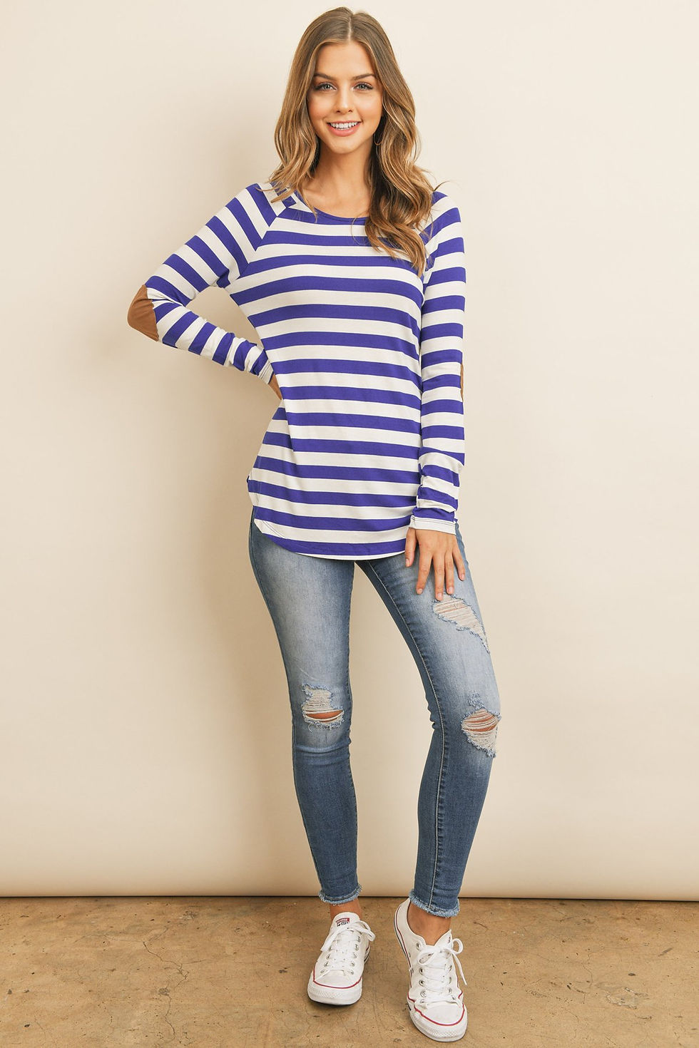 Thumbnail: Long Sleeved Striped Elbow Suede Patch Tunic