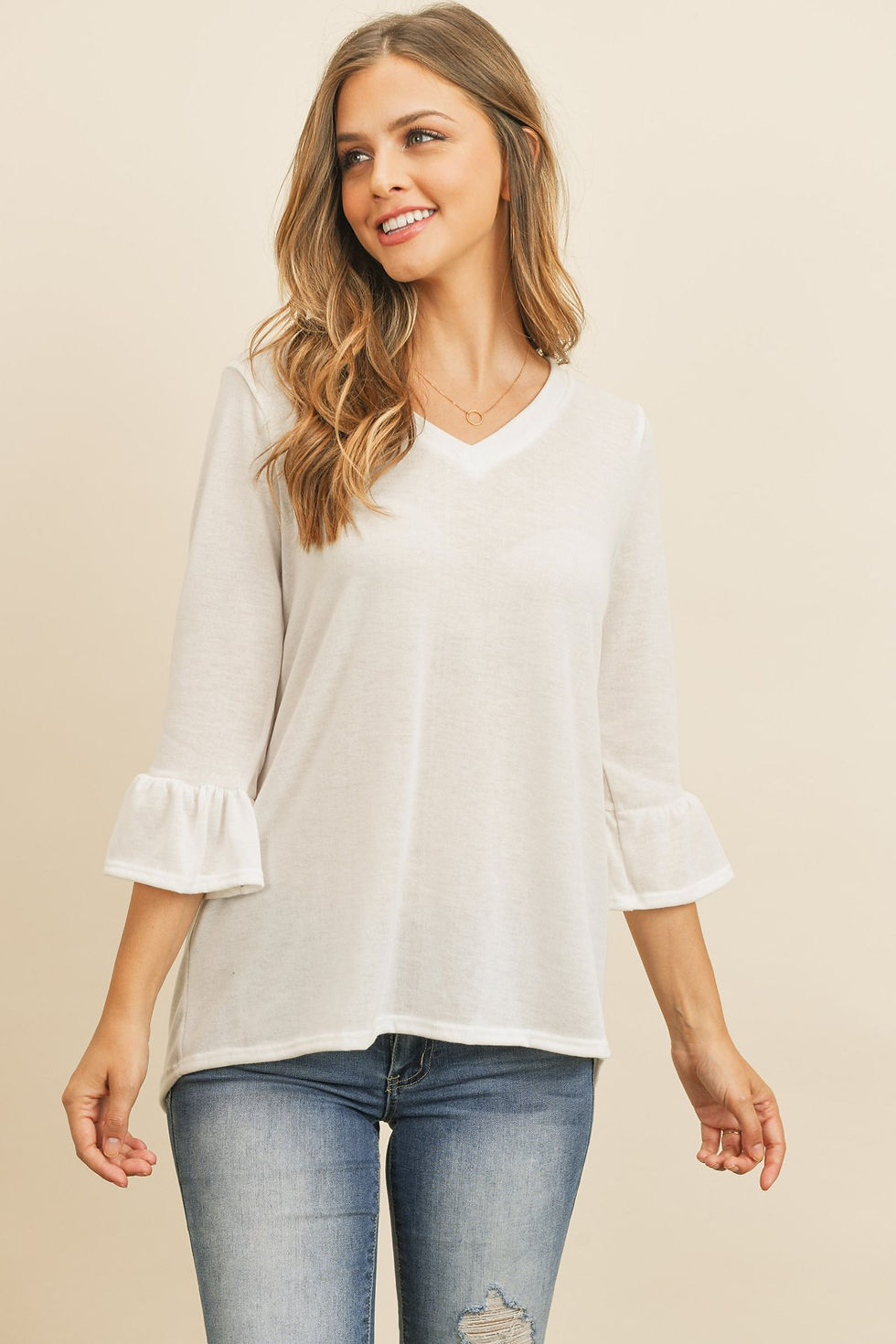 Thumbnail: Solid Bell Sleeve V-Neck Top