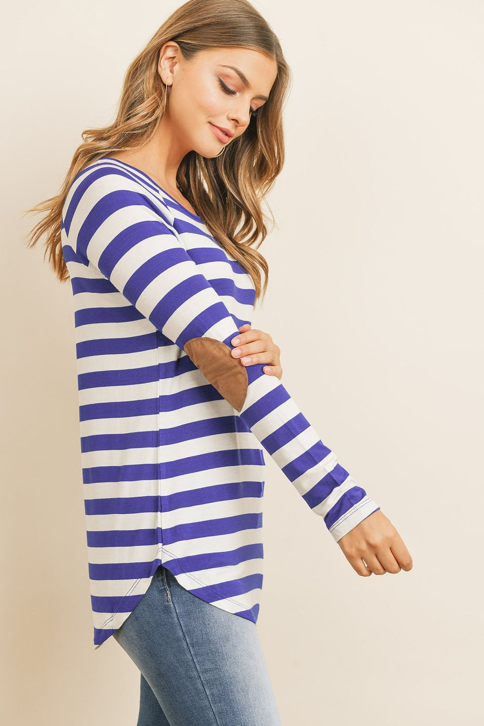 Thumbnail: Long Sleeved Striped Elbow Suede Patch Tunic