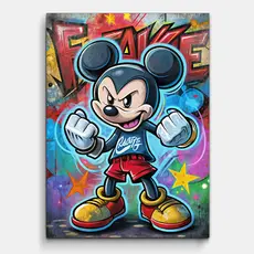 Wandbild eines Cartoon-Maus-Charakters in dynamischer Pose vor einem bunten, graffitiartigen Hintergrund, stilisiert im Urban-Pop-Art-Stil.