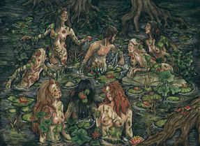 A group of nude women covered in plants surround a man in a swamp.
