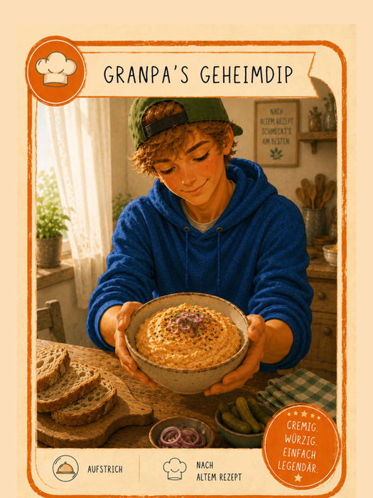Junge präsentiert eine Schüssel cremigen Liptauer mit Zwiebeln und Schnittlauch. Daneben liegen frisches Brot und Essiggurken - kinderfreundliches Rezept zum Nachkochen.