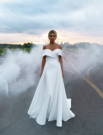 GRETA - CREPE - WEDDING DRESS - OFF SHOULDER - BARDOT - DETACHABLE TRAIN - ROMANOVA