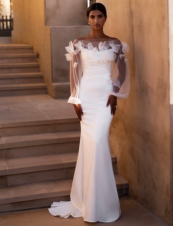 JUMEIRAH MINIMALIST PLAIN FITTED SATIN WEDDING DRESS DETACHABLE TULLE TOPPER ROMANOVA ATEL