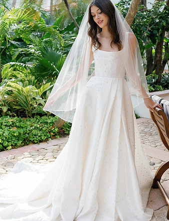 AYESHA PEARL DETAIL SATIN BALL GOWN WEDDING DRESS SQUARE NECKLINE VINTAGE STYLE MODERN BRI