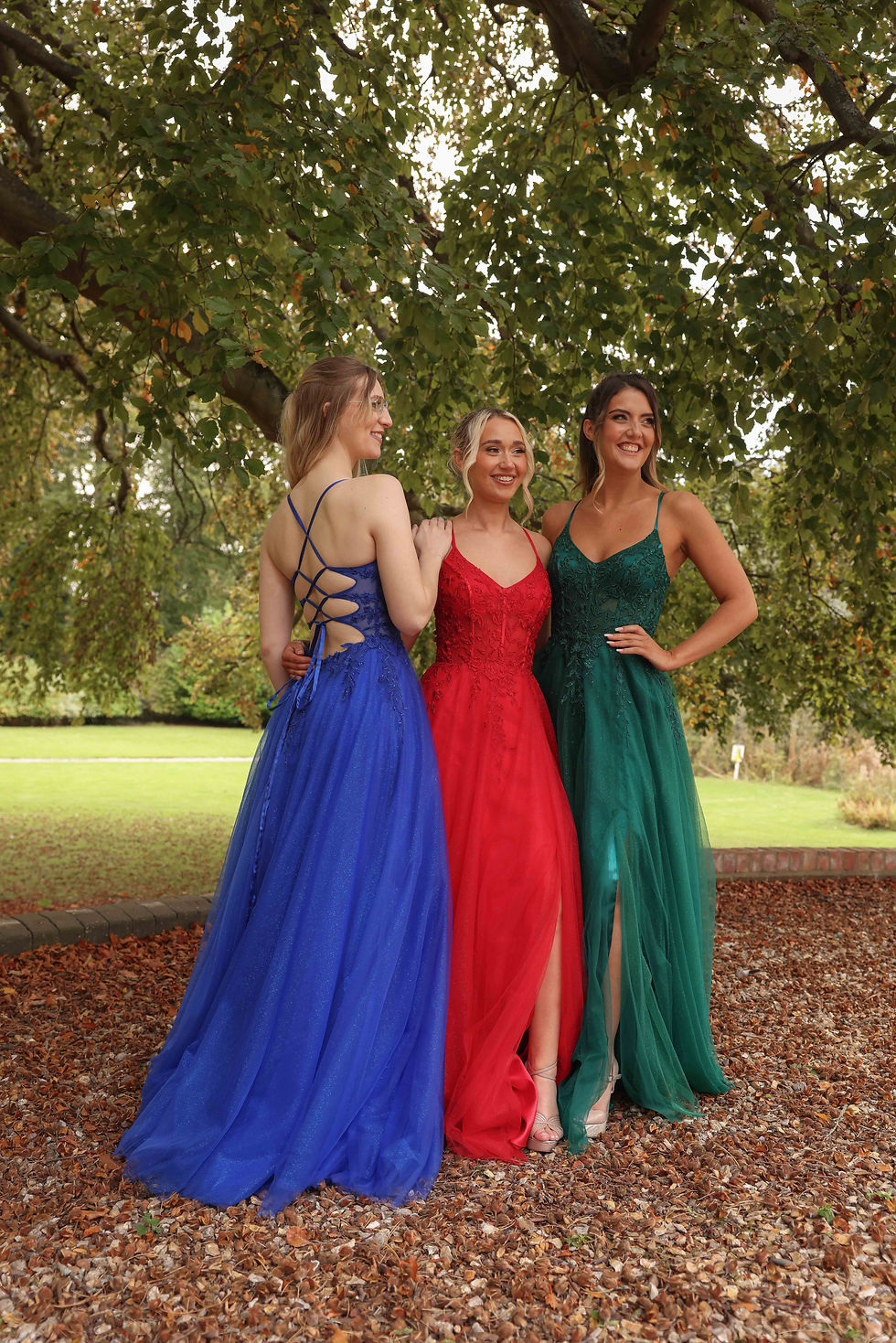 A line prom dress with leg slit royal red green