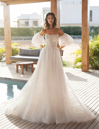 SIGNEY-SPARKLE-LACE-ILLUSION-BALL-GOWN-WEDDING-DRESS-DETACHABLE-PUFF-SLEEVES-MODERN-CORSET